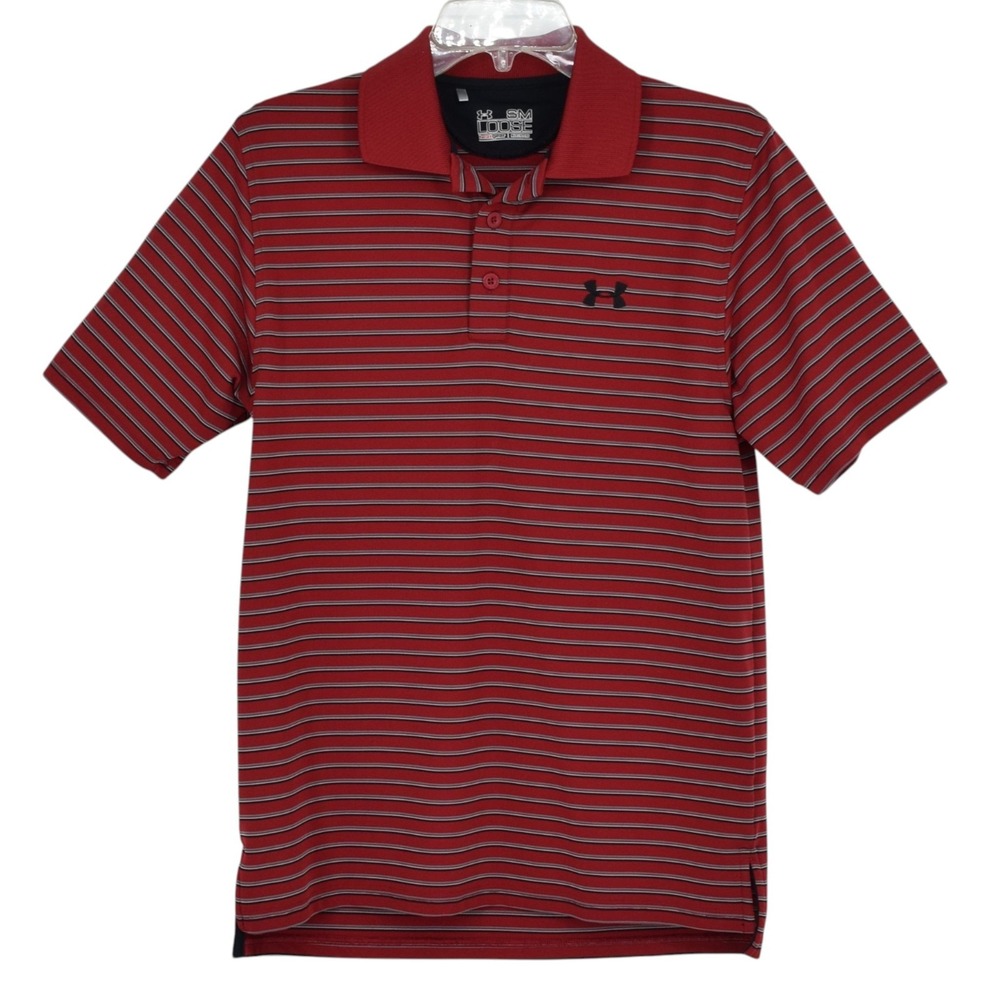 Under Armour Men's SM‎ Loose Fit Striped Golf Polo Shirt Maroon Black HeatGear
